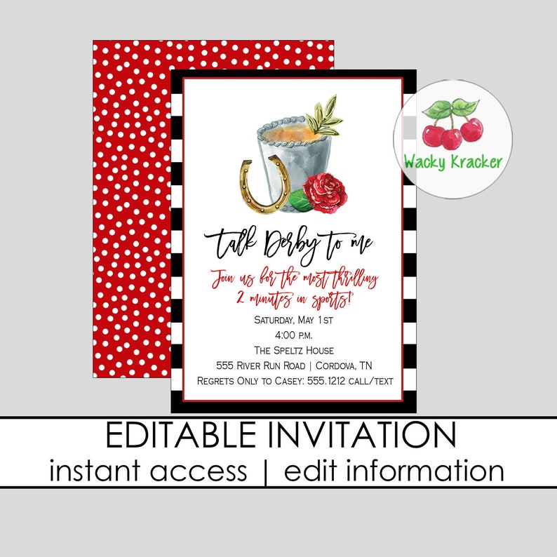 May include: Editable invitation for a Derby party with a watercolor illustration of a horseshoe, a red rose, and a silver bucket with a drink. The text reads "Talk Derby to me. Join us for the most thrilling 2 minutes in sports!" with the date, time, and location of the event.