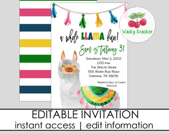 Llama Birthday Invitation, Girl Birthday Party, Llama Invite, Whole Llama Fun, Editable Template