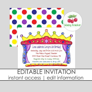 Puppet Invitation, Puppet Theater Party, INSTANT DOWNLOAD, EDITABLE Template