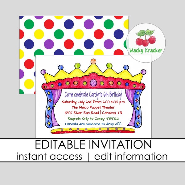 Puppet Invitation, Puppet Theater Party, INSTANT DOWNLOAD, EDITABLE Template