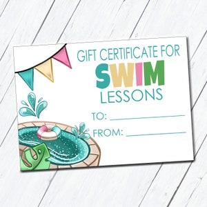 Certificado de regalo imprimible para clases de natación, regalo de clases de natación, regalo de natación para niña, regalo de natación para niño, plantilla de certificado de regalo, clase de natación