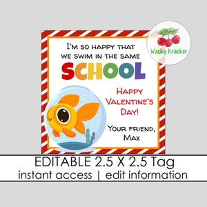 Fish Valentine Favor Tags, Happy Valentine&#39;s Gift Tag, Fish Crackers Gift for Valentine Gift, Volunteer Staff, Editable Gift Tag Template