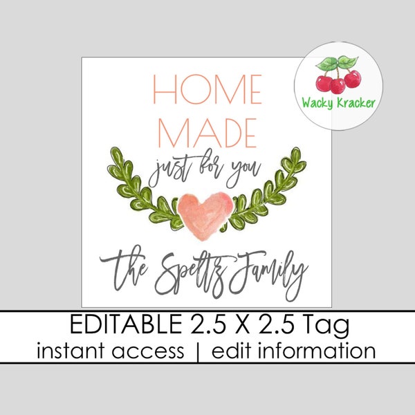 Home Made Gift Tags, Baked Goods Tag, Square Party Favor Tags, Personalized Just for You Party Favor, Editable Gift Tag Template