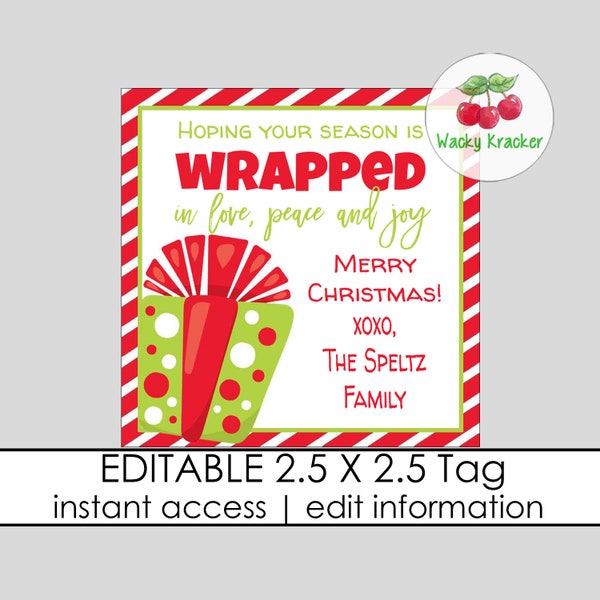 Wrapping Paper Christmas Gift Tag, Personalized Holiday Label, Enclosure Card, Wrapped Up Tag, Square Enclosure Card, Printable and Editable