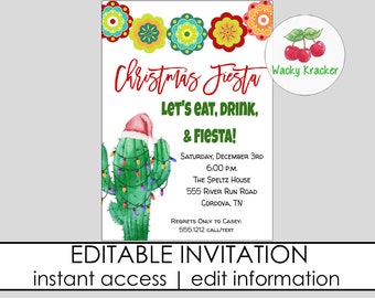May include: Editable Christmas Fiesta invitation with a cactus wearing a Santa hat and Christmas lights. The invitation includes the text "Christmas Fiesta", "Let's eat, drink, & fiesta!" and details for the event. The text "Wacky Kracker" is also included.