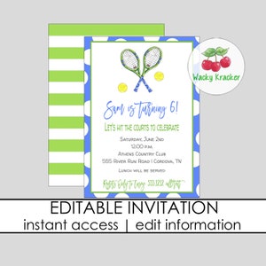 Tennis Boy Birthday Invitation, Tennis Party, Preppy Tennis Invite, Tennis Tournament, Blue Tennis Racket, Editable Template