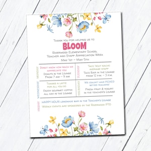 Teacher Appreciation Week Itinerary, Spring Garden Theme, Editable Schedule of Events, Thank you for helping us bloom, Staff Appreciation