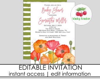 Poppies Baby Shower Invitation, Spring Floral Garden Shower, Red Poppy Baby Invite, Little Wildflower, Editable Template