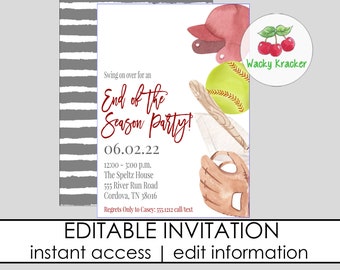 May include: Editable invitation for an end of season softball party. The invitation features a watercolour illustration of a baseball glove, bat, ball, and hat. The text reads "Swing on over for an End of the Season Party! 06.02.22 12:00 - 3:00 p.m. The Speltz House 555 River Run Road Cordova, TN 38016 Regrets Only to Casey: 555.1212 call/text Wacky Kracker".
