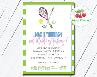 Invitación de cumpleaños de tenis y golf, cumpleaños de tenis, cumpleaños de golf, fiesta de cumpleaños del club de campo, cumpleaños de hermanos, plantilla editable