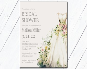 Bridal Shower Invitation, Wedding Dress Invitation, Bridal Brunch, Invitation Template, Vintage Invitation, Watercolor Greenery, Botanical