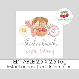 Thanks a Brunch Tags, Breakfast Birthday Party Favor Tag, From the Kitchen of, Square Tags, Bacon and Eggs, Editable Gift Template