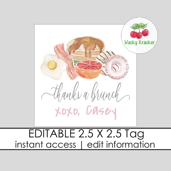 Thanks a Brunch Tags, Breakfast Birthday Party Favor Tag, From the Kitchen of, Square Tags, Bacon and Eggs, Editable Gift Template