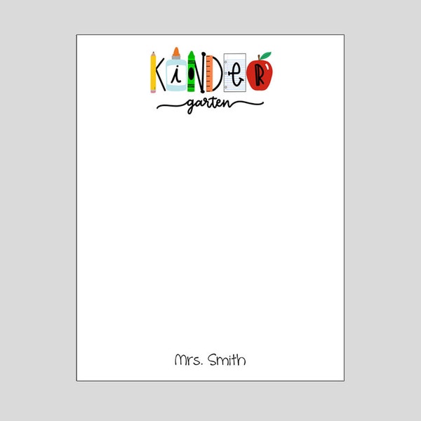 Kindergarten Grade Notepad, Teacher Gift , Personalized Notepad, Teacher Appreciation Gift