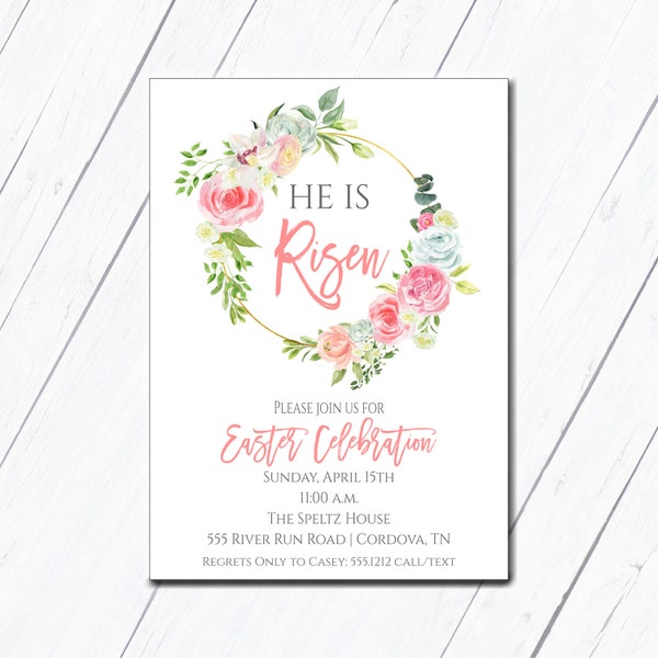 Religious Easter Invitation, Easter Egg Hunt Invitation, He is Risen, Easter Brunch Invitation, Church Easter Egg Hunt, Easter Dinner Invite