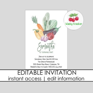 Locally Grown Birthday Party Invitations, Farmers Market Party, Fruits and Veggies, 1st Birthday Invite, Printable and Editable Template