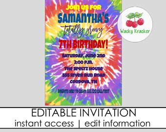 Tie Dye Invitation, Totally Groovy Party, 60's Hippie invitations, Retro Party Digital Invite,  Editable Template