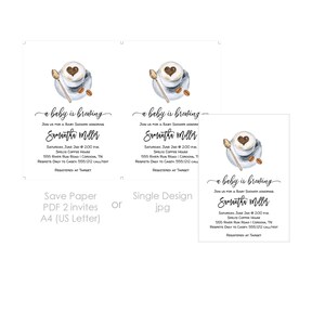 May include: A baby shower invitation with a watercolor illustration of a coffee cup with a heart-shaped design in the foam. The text reads "a baby is brewing" and "Samantha Miller". The invitation includes the date, time, location, and RSVP information.