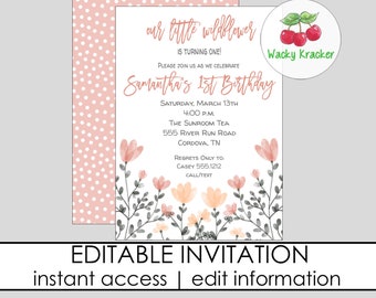 Wildflower Birthday Invitation, Wild One, Little Flower Party, One Year Birthday, First Birthday Invite, INSTANT DOWNLOAD, EDITABLE Template