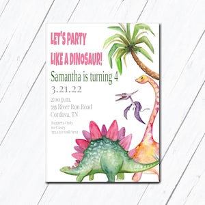 Dinosaur Invitation, Dino Birthday Party, Girl Birthday, Editable Template, Cute Dinosaur, Digital Download Party Invite, Pink Dinosaur