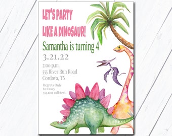 Zaproszenie Dinozaur, Dino Urodziny Party, Urodziny Dziewczynki, Szablon Edytowalny, Uroczy Dinozaur, Cyfrowe Pobieranie Zaproszenia na Imprezę, Różowy Dinozaur