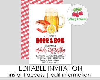 May include: Editable invitation for a "Beer & Boil" party celebrating Michael's 21st birthday. The invitation features a red and white checkered background, a glass of beer with a lemon wedge and shrimp, and the text "Wacky Kracker".