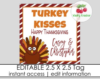 Turkije kussen cadeaulabel, Thanksgiving-cadeaulabel, Turkije-tags, Friendsgiving-tag, Thanksgiving-traktaties, bewerkbare sjabloon voor cadeaukaartje
