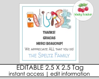 Nurse Gift Tags, Staff PTO PTA Volunteer Gift Tags, Nurse Thank You Tags, Nurse Appreciation Week, Medical, Editable Gift Template