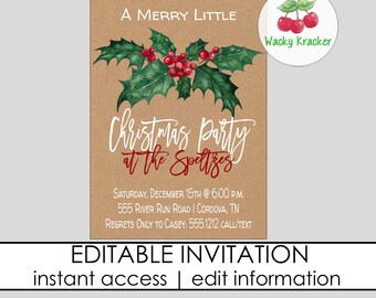 Holly Berries Christmas Invitation, Holiday Open House, Christmas Housewarming, Corporate Christmas, Sip and Shop Invite, Editable Template