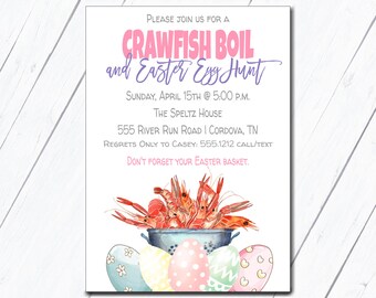 Invitación a hervir cangrejos de río, invitación a la búsqueda de huevos de Pascua, invitación de Pascua imprimible, plantilla editable, búsqueda de huevos de Pascua y hervir cangrejos de río