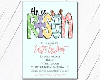 Religious Easter Invitation, Easter Egg Hunt Invitation, He is Risen, Easter Brunch Invitation, Church School, Bunny Brunch Invitation,