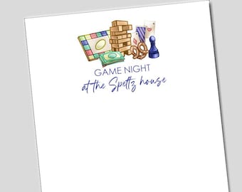 Puede incluir: Ilustración colorida con elementos de noche de juegos. Se muestra una torre de Jenga, naipes, un juego de mesa y una ficha. También está presente el texto "GAME NIGHT at the Spettz house".