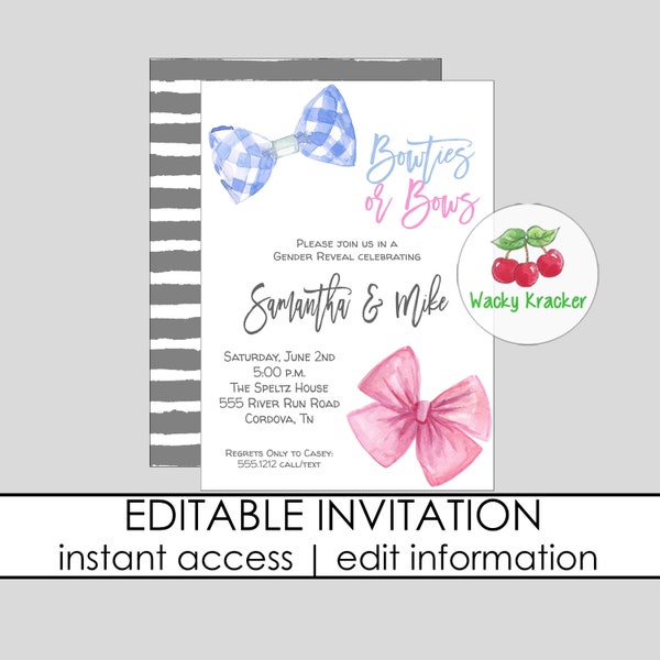 Bowties or Bows Invitation, Blue or Pink Gender Reveal Invitation, Boy or Girl, He or She, Printable and Editable Template