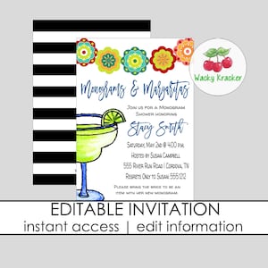 Monograms and Margaritas Invitation, Monogram Shower, Bridal Shower Invitation, Editable Template