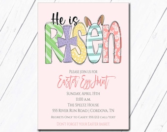 Invitación religiosa de Pascua, invitación a la búsqueda de huevos de Pascua, Él ha resucitado, invitación al brunch de Pascua, folleto de la iglesia, invitación al brunch del conejito