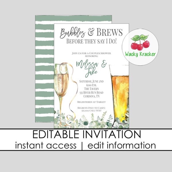 Bubbles and Brews Bridal Shower Invitation, Beer and Champagne, Engagement Party Invitation, Rehearsal Dinner Invitet, Editable Template