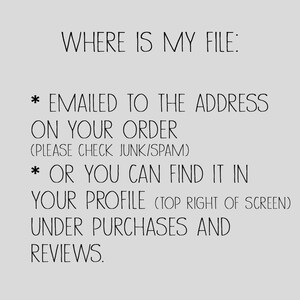 May include: Text on a white background that reads "WHERE IS MY FILE:" followed by two bullet points. The first bullet point reads "EMAILED TO THE ADDRESS ON YOUR ORDER (PLEASE CHECK JUNK/SPAM)". The second bullet point reads "OR YOU CAN FIND IT IN YOUR PROFILE (TOP RIGHT OF SCREEN) UNDER PURCHASES AND REVIEWS."