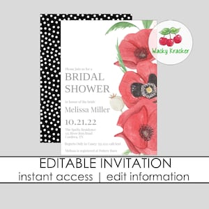 Poppies Bridal Shower Invitation, Winter Bride, Red Poppy Bridal Invite, Outdoor Garden Bridal Shower, Editable Template, Instant Download