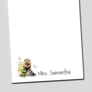 May include: A white notepad with a brown beaver sitting on a rock with green plants and a dragonfly. The text "Mrs. Samantha" is written in black at the bottom of the notepad.