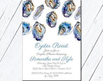 May include: Oyster Roast invitation with watercolor illustrations of blue and purple oysters on a white background. The invitation is for a couples shower honoring Samantha and Kyle on Saturday, June 2nd at 6 p.m. at The Speltz House, 555 River Run Road, Cordova, TN. RSVP to Casey at 555.1212 by May 28th.