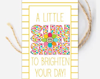 Afdrukbaar Sunshine-cadeaulabel, Sunshine Box, Yellow Sun-label, een beetje iets om je dag op te fleuren, beterschap, binnenkort beter voor kinderen, zon