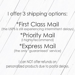 Pu&ograve; includere: Testo su sfondo bianco che descrive tre opzioni di spedizione: First Class Mail, Priority Mail ed Express Mail. Il testo afferma anche che l'USPS sta riscontrando ritardi intermittenti e che il venditore non pu&ograve; offrire rimborsi su prodotti personalizzati a causa dei ritardi postali.