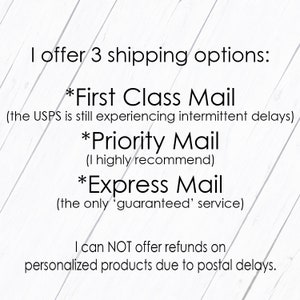 Może przedstawiać: Tekst na białym tle opisujący trzy opcje wysyłki: First Class Mail, Priority Mail i Express Mail. Tekst informuje r&oacute;wnież, że Poczta Polska doświadcza sporadycznych op&oacute;źnień i że sprzedawca nie może oferować zwrot&oacute;w pieniędzy za spersonalizowane produkty z powodu op&oacute;źnień pocztowych.
