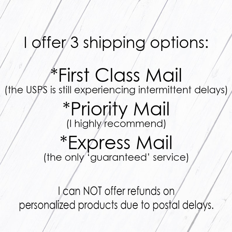 Może przedstawiać: Tekst na białym tle opisujący trzy opcje wysyłki: First Class Mail, Priority Mail i Express Mail. Tekst informuje r&oacute;wnież, że Poczta Polska doświadcza sporadycznych op&oacute;źnień i że sprzedawca nie może oferować zwrot&oacute;w pieniędzy za spersonalizowane produkty z powodu op&oacute;źnień pocztowych.