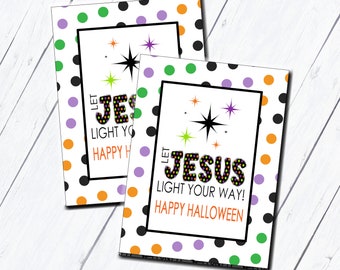 Halloween-presentetiketter med lysstav, Låt Jesus lysa din väg Halloween-godis för barn, utskrivbara Halloween-lysstavetiketter, present till klasskamrater