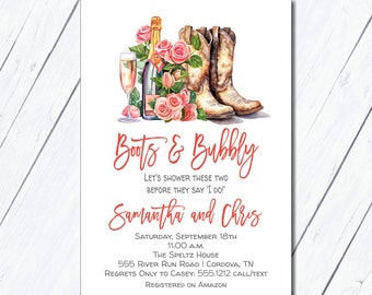 Boots and Bubbly Bridal Shower Invitation, Cowboy Couples Shower Invite, Western Bridal Shower, Bubbles and Champagne, Cowboy Boot Invite