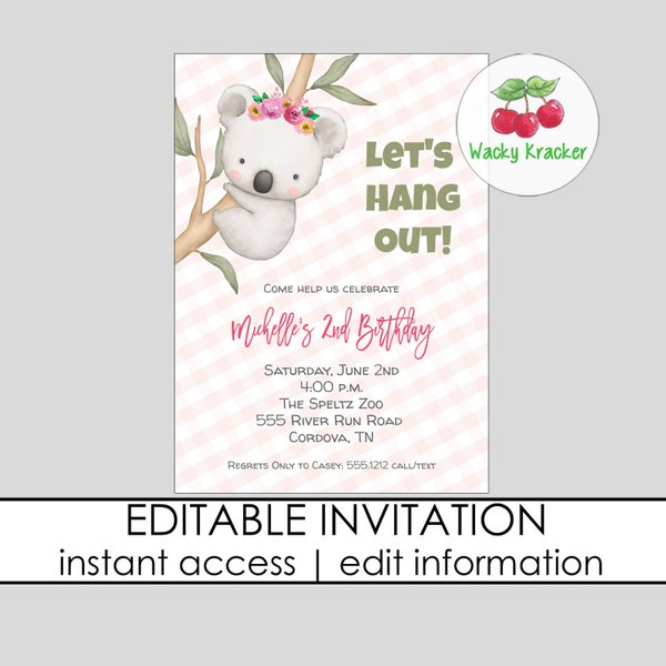 Koala Invitation, Koala Birthday Party, Invitation Template, Girl Birthday Invitation, Editable Invite, First Birthday, Koala Theme Party