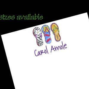 May include: Three pairs of flip-flops with different designs. The flip-flops are in a row, with the top pair being a black and white zebra print, the middle pair being a blue and red pair with a crab design, and the bottom pair being a yellow and green pair with a flower design. The text "Carol Amiole" is written in purple below the flip-flops.