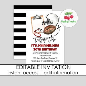 Może przedstawiać: Edytowalne zaproszenie na 30. urodziny z motywem piłki nożnej, gwizdka i schowka na dokumenty. Tekst brzmi: "Tailgate time It's John Millers 30th Birthday Saturday, November 2nd @ 4:00 PM The Speltz House 555 River Run Road | Cordova, TN Regrets Only to Casey: 555.1212 Call/Text"