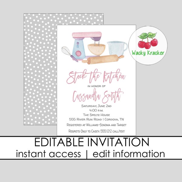 Stock the Kitchen Bridal Shower Invitation, Kitchen Bridal Invite, Baking Shower, Editable Template